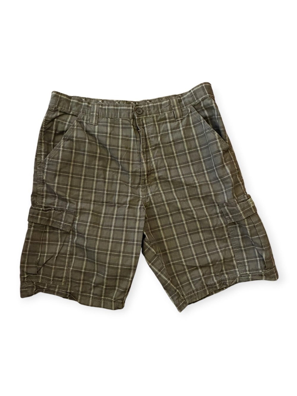 Y2K Wrangler Plaid Cargo Shorts Utility Pockets Cotton Slate Combo 34